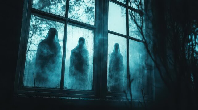 Eerie Halloween night legends with ghostly figures appearing in dark windows, captured in eerie lighting, Creepy, Cool Tones, Atmospheric