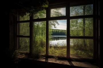 Panoramic window view of tranquil forest lake