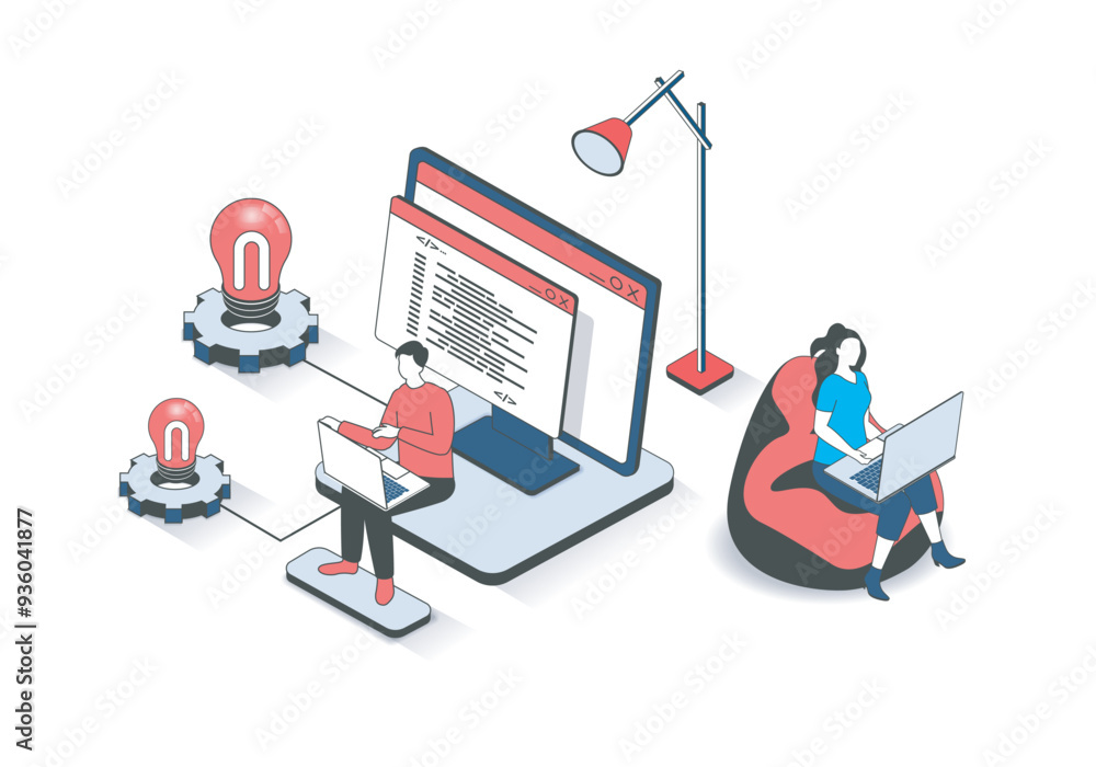 Fototapete software programming 3d isometric concept with isometry people design for web. man and woman creatin