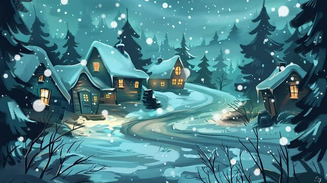 Snow-covered medieval village houses with charming architecture, creating a picturesque and serene winter scene with a nostalgic, hi Seamless looping 4k time-lapse virtual video animation Generated AI