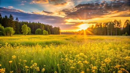 Obraz premium Soft focus sunset over a field of yellow flowers and grass, with a blurred forest background a tranquil and idyllic nature scene at golden hour