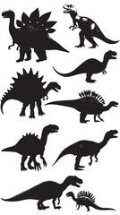 Vector illustration of dinosaur silhouette including Stegosaurus, Brontosaurus, Velociraptor, Triceratops, Tyrannosaurus rex, and Spinosaurus