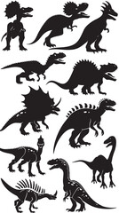 Vector illustration of dinosaur silhouette including Stegosaurus, Brontosaurus, Velociraptor, Triceratops, Tyrannosaurus rex, and Spinosaurus
