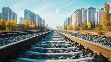 Fototapeta premium perspective of railway track forward to building in city