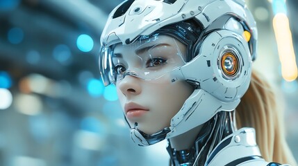 Cyborg Woman in Futuristic Helmet