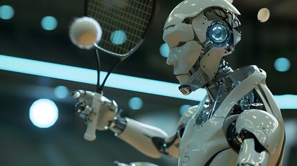 Fototapeta premium Robot Badminton Player Smashing Birdie: A robot badminton player smashing the shuttlecock with precision. 