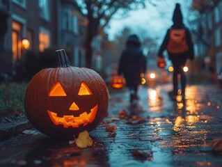 Obraz premium Halloween celebration with kids trick-or-treating, spooky decorations lining the streets, Festive, Cool Tones, High Energy