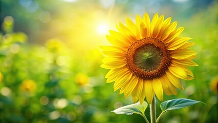Bright and vibrant sunflower with fresh green leaves