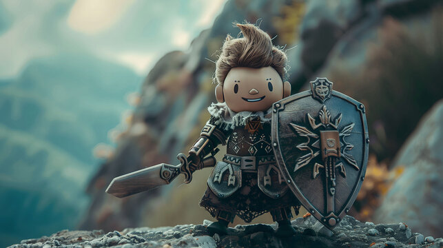 Cute Little Tank Warrior Game Character Doll Holding Shield and Sword