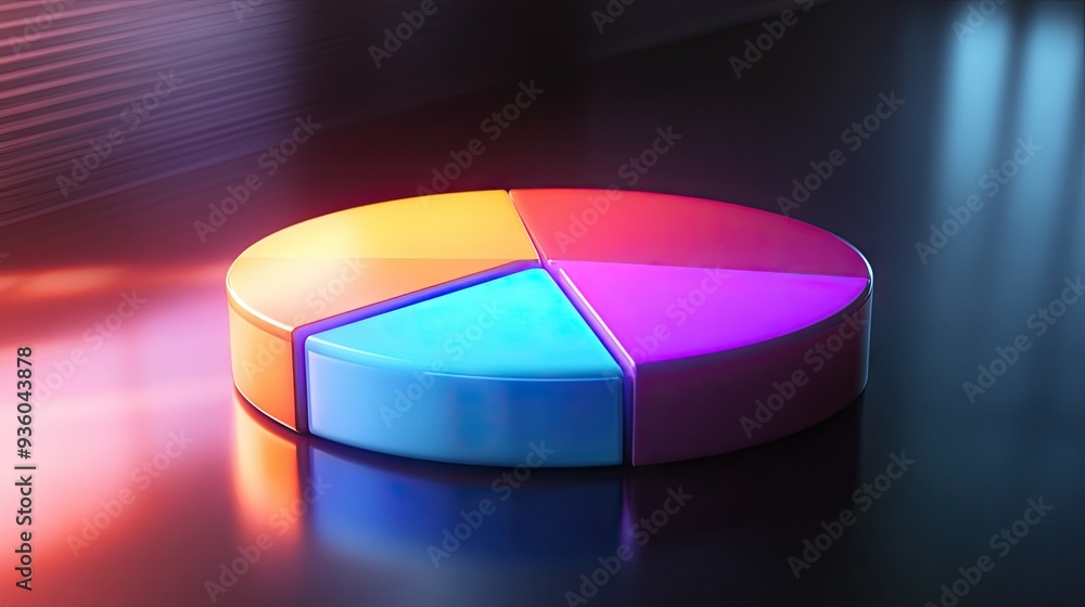 Poster radiant 3d financial pie chart with illuminated segments, highlighting data distribution.