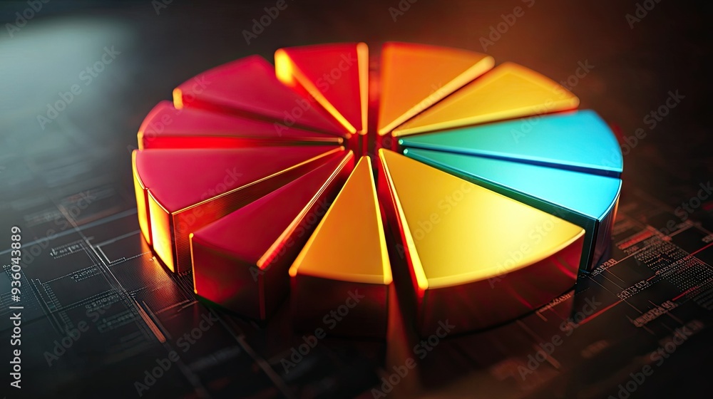 Poster radiant 3d financial pie chart with illuminated segments, highlighting data distribution.