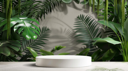 "Elegant Tropical Backdrop with Lush Leaves and a Clean White Display" 