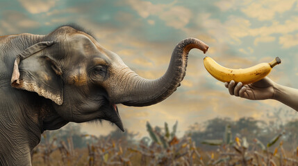 Fototapeta premium An elephant extends its trunk to take a banana being held by a person