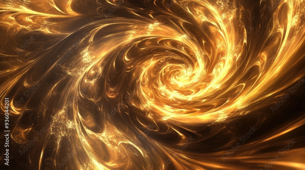 Poster radiant 3d golden vortex with intricate swirls, symbolizing dynamic motion and opulence.