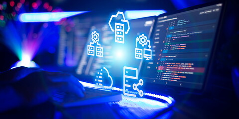 The concept of storing data on a server, combining into one array, data transfer, distribution from...