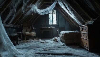 Haunted attic filled with cobwebs, old furniture, and ghostly whispers, Creepy, Cool Tones, Detailed