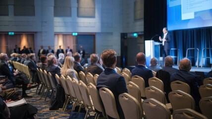 A professional conference scene with an audience attentively listening to a speaker on stage, showcasing engagement and knowledge sharing.