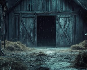 Naklejka premium Haunted barn with creaky doors and hay scattered on the ground, with ghostly apparitions, Creepy, Cool Tones, Detailed