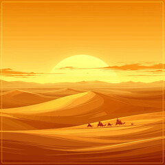 Vector Illustration of Camel Caravan Marching Under the Blazing Desert Sun