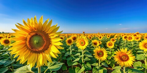 Vibrant yellow sunflowers in a sprawling field under a clear blue sky