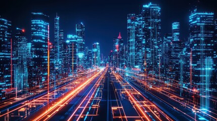 A smart city at night with towering skyscrapers illuminated by neon lights, autonomous vehicles gliding along the streets, and smart infrastructure seamlessly integrating with urban life