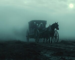 Fototapeta premium Haunted carriage with ghostly horses, rolling through a foggy, desolate landscape, Spooky, Cool Tones, Atmospheric