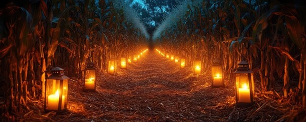 Haunted corn maze with dim lanterns lighting the way, creating a sense of dread, Spooky, Cool Tones, Atmospheric