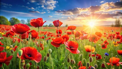 Fototapeta premium Vibrant spring meadow filled with blooming red poppies