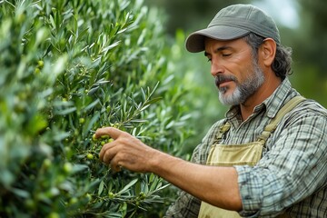 Man harvesting olives in an orchard during the morning in rural countryside