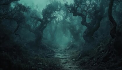 Haunted forest with twisted trees, dark shadows, and a path leading into the unknown, Mysterious, Cool Tones, Wide Shot