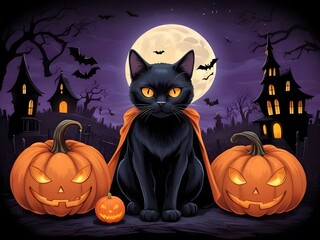 Halloween Neon painting of a black cat with bright orange eyes