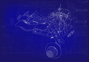 Disassembled motorcycle on a blue background. Unique design. 