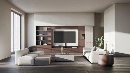 Modern living room design featuring a sleek TV unit, comfortable seating, and stylish decor for a contemporary home.