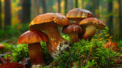 Fototapeta premium boletus among moss in autumn forest, fall, mushrooms, trees, wood, nature, beauty, macro photo, plant, beauty, season, orange, brown, ecology, eco, background, wallpaper