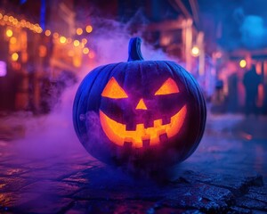 Naklejka premium Haunted Halloween night attractions with fog machines, eerie lighting, and terrifying surprises, Spooky, Cool Tones, High Energy