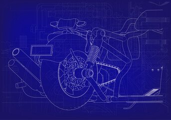 Disassembled motorcycle on a blue background. Unique design. 