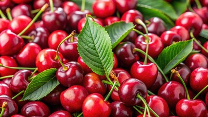 Close-up of a vibrant pile of ripe cherries with stalks and leaves, creating a beautiful background