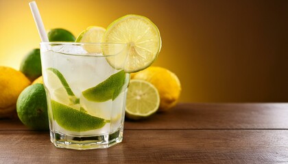 Fototapeta premium Capirinha, typical Brazilian drink. Based on cachaça and lemon. Lemon wedge to decorate. Illuminated and shadowed background. 