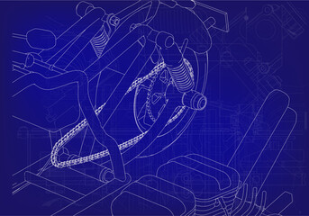 Disassembled motorcycle on a blue background. Unique design. 