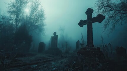 Haunted Halloween night eerie apparitions drifting through a dark, foggy cemetery, captured in eerie lighting, Spooky, Cool Tones, Atmospheric