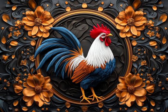 An ornate, hand-drawn illustration of a fighting rooster surrounded by floral patterns, blending elements of nature and tradition