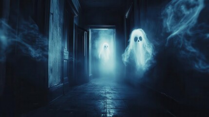 Haunted Halloween night eerie settings with ghostly apparitions floating through a dark forest, captured in eerie lighting, Spooky, Cool Tones, Atmospheric