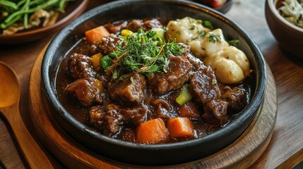 Shark fin stew served with a side of steamed vegetables, presented on a rustic wooden table