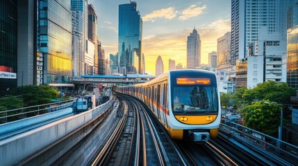 sky trains and mass transportation station with modern building in city background