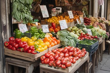 Colorful farmers market with fresh produce in the morning sunlight during spring