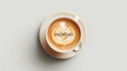 A steaming cup of coffee sits invitingly, adorned with intricate latte art and the word Monday boldly displayed. This moment captures the essence of starting a fresh week