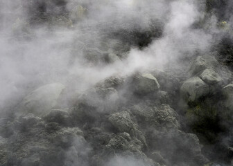 Foggy volcanic landscape  Volcanoes National Park.
