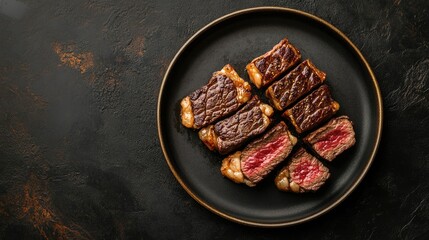 Sliced Wagyu Rib Eye steak on a plate, grilled to a perfect finish. The dark background contrasts beautifully with the marbled beef. Top view.