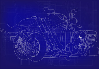 Disassembled motorcycle on a blue background. Unique design. 