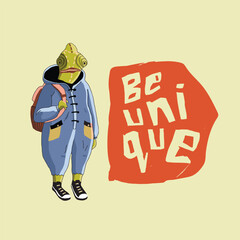 Chameleon drawing illustration with hand drawn lettering Be Unique, illustration calling for self-acceptance, Cute Chameleon character design. Cameleon vector print. Fun t-shirt design.